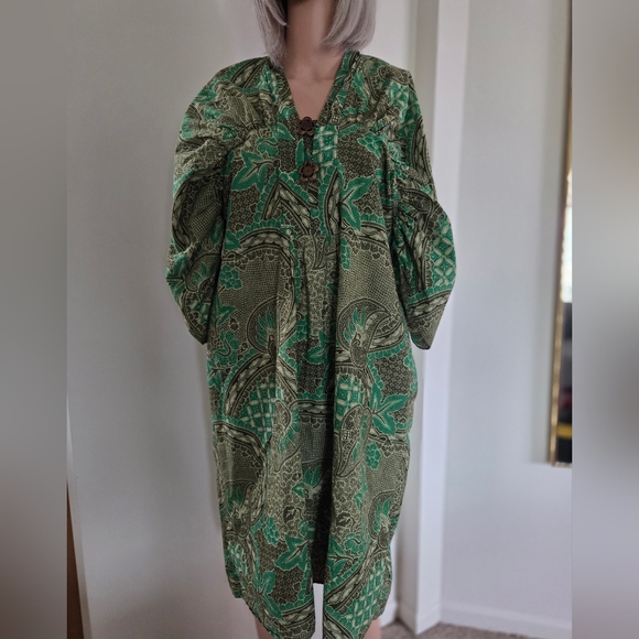 Boho Green Paisley V-Neck Kaftan Dress Size Small - Picture 2 of 8